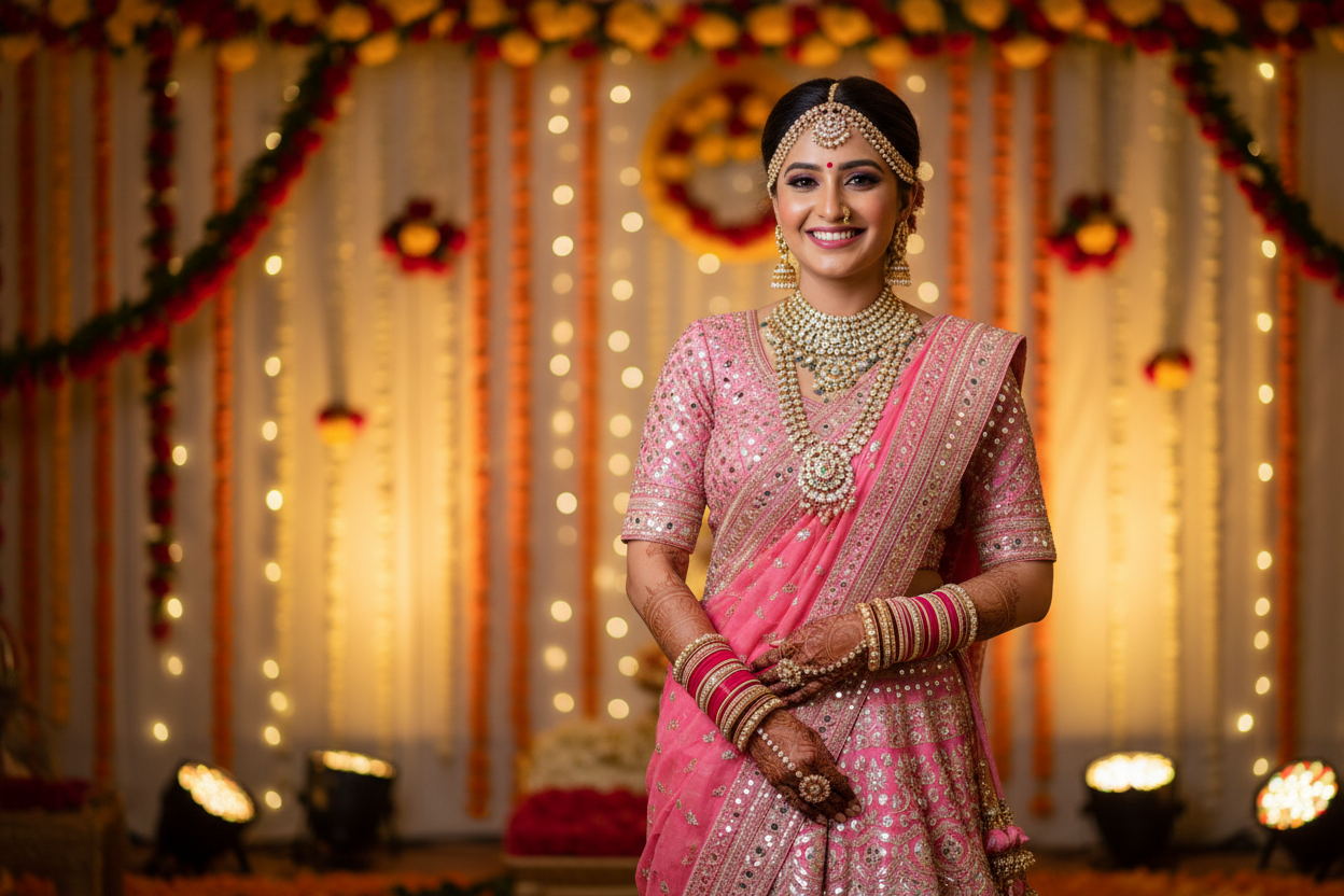 Bridal wearing pink half saree in function size is width - 1920, height - 703