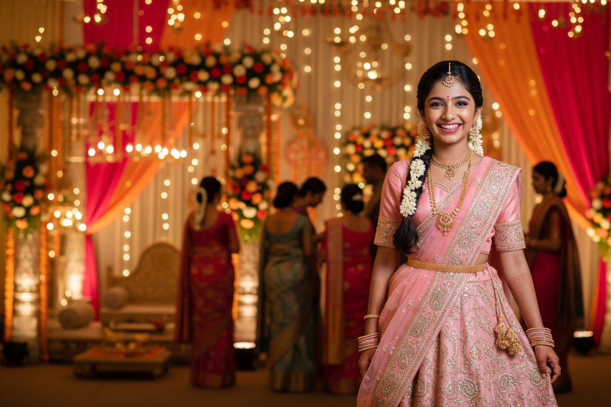 kid wearing pink half saree in function in right side, size is width - 1920, height - 703